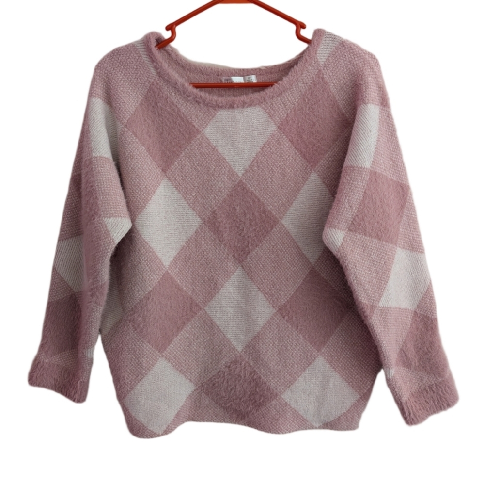 Women's 89th Madison Pink White Argyle Crew Neck Sweater S